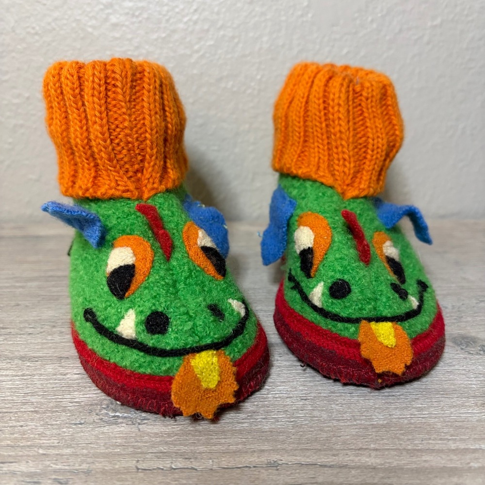 Garnet Hill Kids Dragon Wool Slippers Green Orange Knit Cuff Size US 6